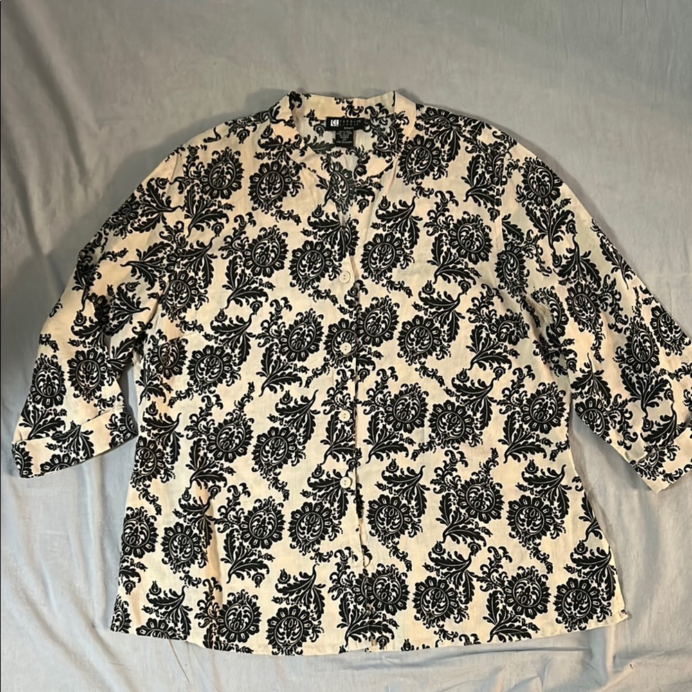 Carole Little Woman Cream & Black Print Blouse 100% Linen with Mandarin Collar